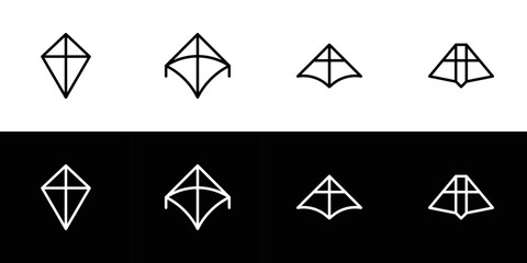 Kite icon set. Flat design icon collection isolated on black and white background.