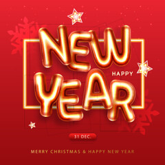 Happy New Year poster with 3D chromic letters, snowflakes and stars. Holiday greeting card. Vector illustration