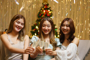 New Year celebration concept, Young beautiful group clinking champagne with fun in new year party