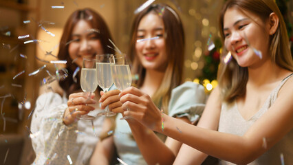 New Year celebration concept, Young beautiful group clinking champagne with fun in new year party