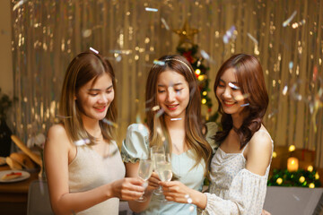 New Year party concept, Young beautiful group clinking champagne to celebrating with fun in party