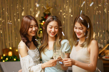 New Year party concept, Young beautiful group clinking champagne to celebrating with fun in party