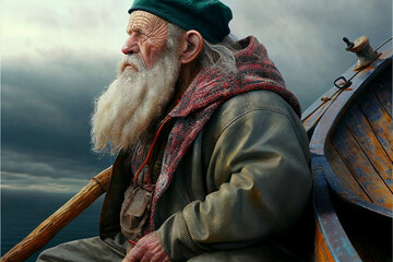 Generated image of old fisherman against background of sea - obrazy, fototapety, plakaty