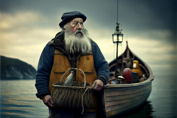 Generated image of old fisherman against background of sea