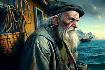 Generated image of old fisherman against background of sea