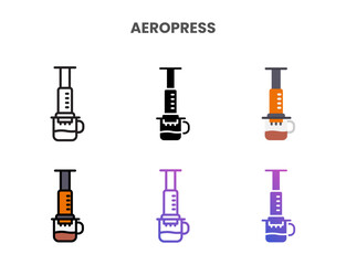 Aeropress icons vector illustration set line, flat, glyph, outline color gradient. Great for web, app, presentation and more. Editable stroke and pixel perfect.