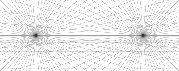 Two points perspective grid background. Abstract grid line backdrop. Drawing perspective mesh template. Vector illustration isolated on white background.