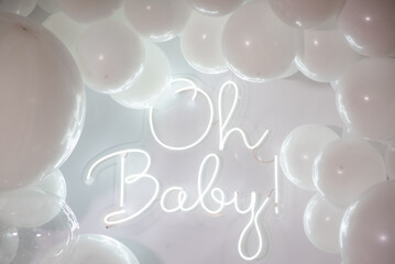Close up the photo zone from white balloons with white copy space for your text. Party decorated with balloons