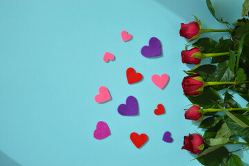 Valentines day background, festive card with roses and and hearts made of felt