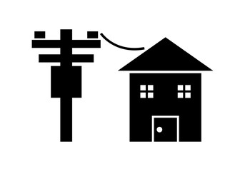 Voltage power electric pole with transformer transmit electricity to building city house shadow silhouette on white background flat vector black icon design.