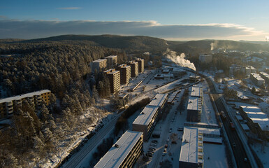 Drone scene of snow covered housing complexes in winter season from the eastern part of Oslo city in Norway
