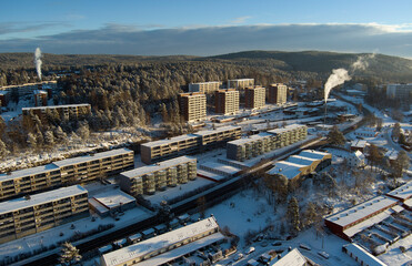 view of the city of the eastern part of Oslo city suburbs during winter time - taken from a drone