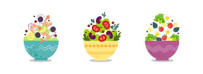 Different bowls with tasty salads on white background