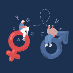 Cartoon vector illustration of Gender symbol. Man and woman sitting at big sex gender symbol. Female and man sign. Date app concept. Conversation online