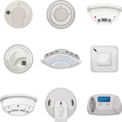 Fotobehang smoke detector set cartoon. fire alarm, sensor home, safety system, house monoxide, ceiling smoke detector vector illustration © PikePicture