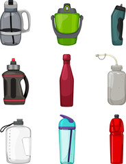 sport drinking bottle set cartoon. water energy, plastic fitness, container health, liquid exercise, beverage sport drinking bottle vector illustration