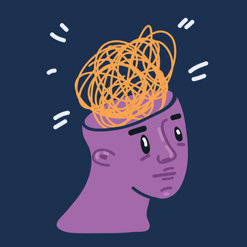 Cartoon vector illustration of head with tangled line inside, like brain. Concept of chaotic thought process, confusion, personality disorder and depression.