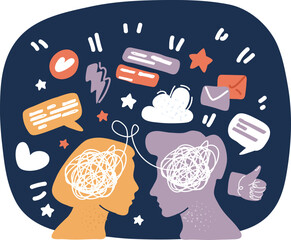 Cartoon vector illustration of Silhouette of human head with tangled line inside, like brain. Concept of chaotic thought process, confusion, personality disorder and depression. Man and woman one thou