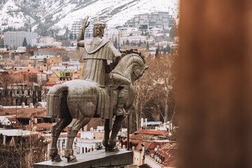 Tbilisi, Georgia. Famous Landmark Equestrian Statue Of King Vakhtang Gorgasali near Metekhi church....