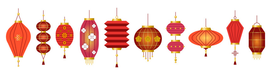 Set of beautiful Chinese lanterns on white background © Pixel-Shot