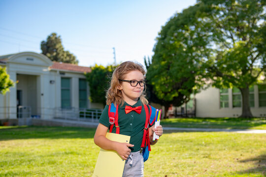 Clever schoolboy in glasses with school bag and book in his hand. Back to school. Pupils portrait in school park.