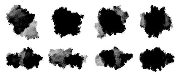 Set of black abstract paint brush smudges, gradient texture, layered, isolated graphic design element made with brushstroke, hand drawn art for backgrounds, frame, watercolor paint, monochrome	
