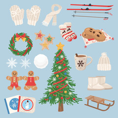 Collection of Christmas items on grey background
