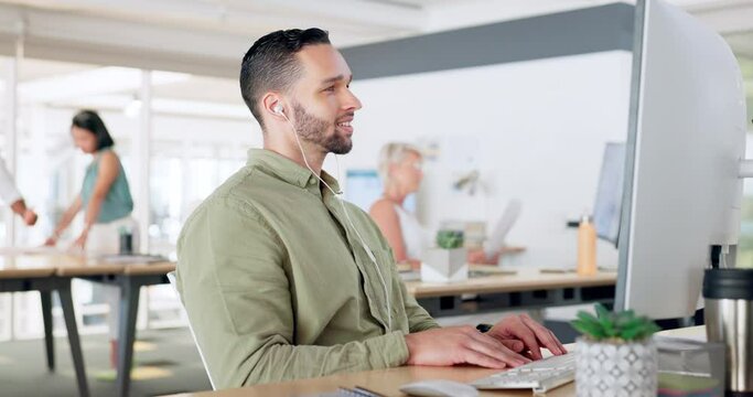 Businessman, earphones or computer video call, webinar training or zoom conference in coworking office. Smile, happy or talking creative designer on technology interview, online meeting or workshop