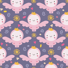 Pink little angel hand drawn seamless pattern.