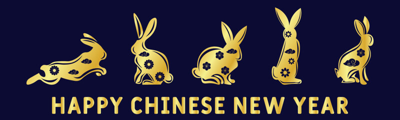 Obraz premium Banner with cute bunnies for Chinese New Year on dark blue background