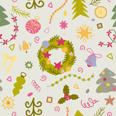 Christmas decoration hand drawn seamless pattern. Wreath, fir tree, garland.