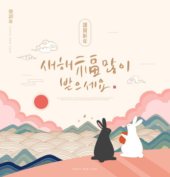 Korea Lunar New Year. New Year's Day greeting. Text Translation "rabbit year" , "happy new year"

