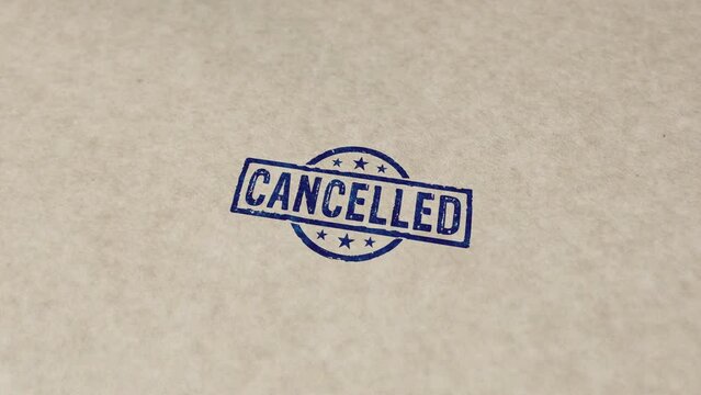 Cancelled stamp and hand stamping impact animation. Cancellation and work annulment 3D rendered concept.