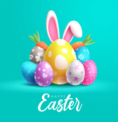 Happy easter day vector design. Holiday easter with pattern colorful eggs and bunny ears elements for greeting and invitation card. Vector Illustration.
