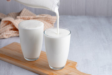 Pouring homemade kefir, buttermilk or yogurt with probiotics. Yogurt flowing from glass bottle on...