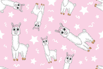 Cute white llama on pink background with stars seamless pattern. Vector hand drawn illustration.