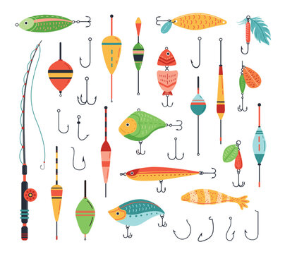 Fishing accessories. Fish bait with hook, fisherman rod and tackle with artificial fishes shapes vector set