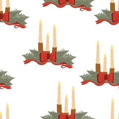 Seamless pattern Christmas candles with holiday decor