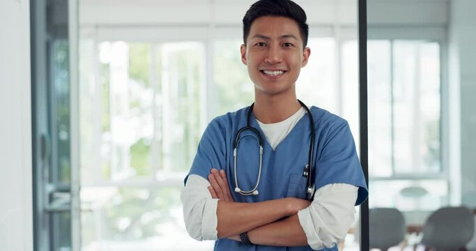 Face, hospital or nurse happy with medical goals, wellness mission or vision for healthcare services success. Portrait, surgeon or Asian doctor smiles with pride, surgery experience or growth mindset
