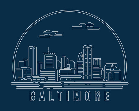 Cityscape with white abstract line corner curve modern style on dark blue background, building skyline city vector illustration design - Baltimore