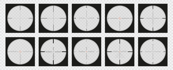 Optical sight view. Sniper scope POV overlay, measurement crosshair and look through zoom lens vector set