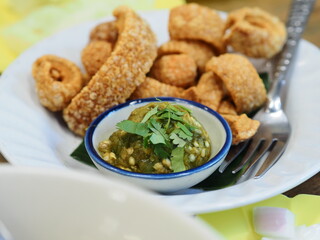 green chili sauce with pork snack northern Thailand food close focus