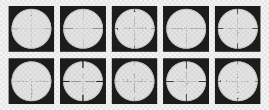 Optical sight view. Sniper scope POV overlay, measurement crosshair and look through zoom lens vector set