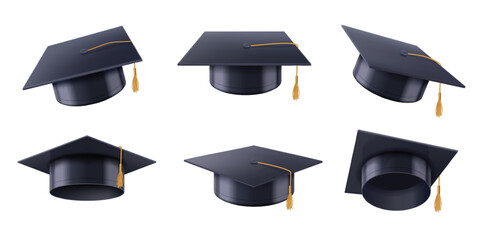 Realistic graduate cap. Graduation university black hat, celebration education and college caps vector 3D illustration set
