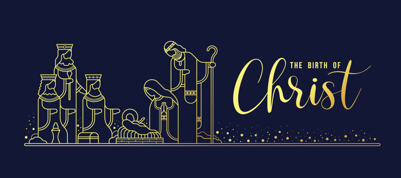 The Birth Of Christ - Modern Gold Line The Nativity With Mary And Joseph In A Manger With Baby Jesus And Three Wise Men On Dark Blue Background Vector Design