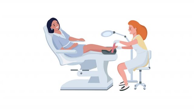 Animated pedicure service characters. Lady during feet care procedures. Full body flat people on white background with alpha channel transparency. Colorful cartoon style HD video footage for animation