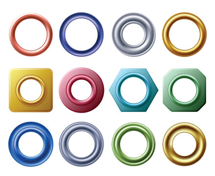 Grommet rings. Metal and golden eyelets for label holes, round hole metallic grommets and curtain eyelet vector set