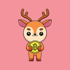 cute deer holding bitcoin cartoon mascot doodle art hand drawn outline concept vector kawaii icon illustration