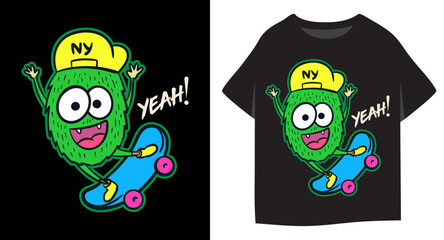 Funny little monster with hat playing skateboard illustration for kids t shirt design
