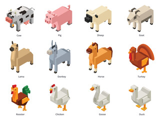 Isometric farm animals. Low poly cow, pig and sheep. Polygonal goat, voxel domestic birds and horse 3D cartoon vector set